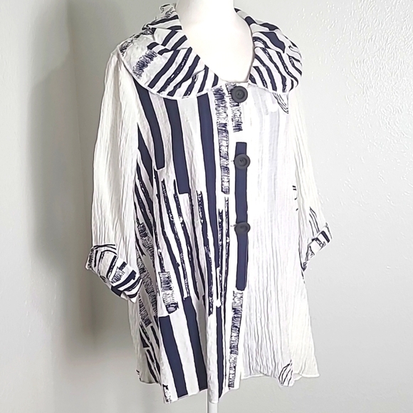 Radzoli Navy & White  Buttondown Blouse/Jacket, Big Collar Stripes/Designs Large - Picture 1 of 9